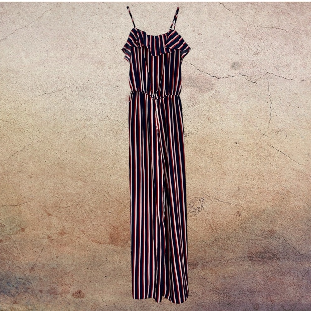 Ambiance Navy, Red & White Striped Wide-Leg Jumpsuit with Ruffle Top